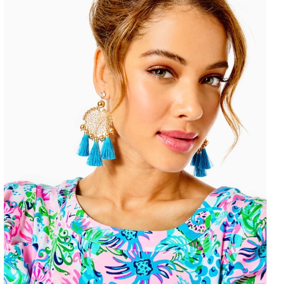 NWT Lilly Pulitzer Sea Dreamer Gold and Cumulus Blue Tassel Earrings - Picture 5 of 5
